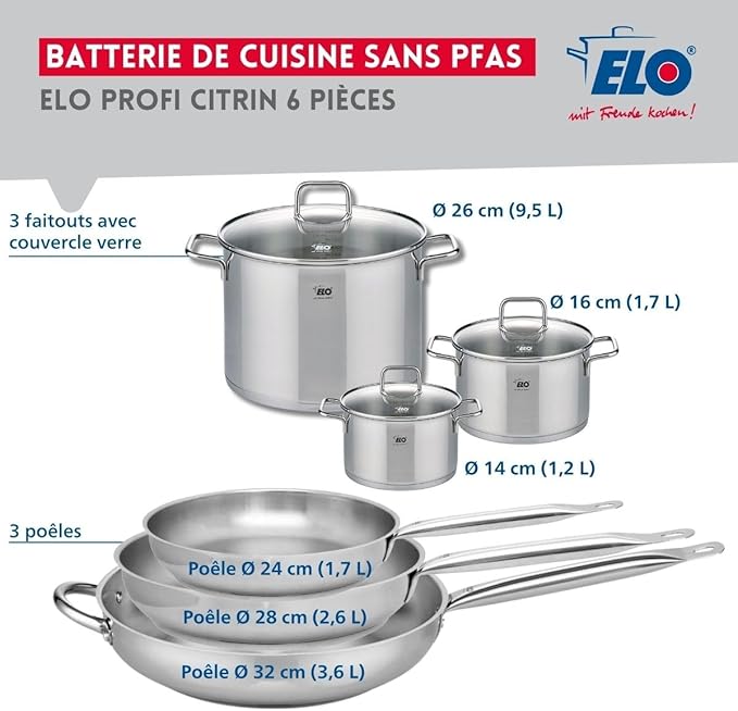 ELO 9513050 Cookware Set 6-Piece 3-Piece Cookware Set 24 28 32 cm and 3 Saucepans 14 16 and 26 cm Elo Profi Citrine Stainless Steel Induction