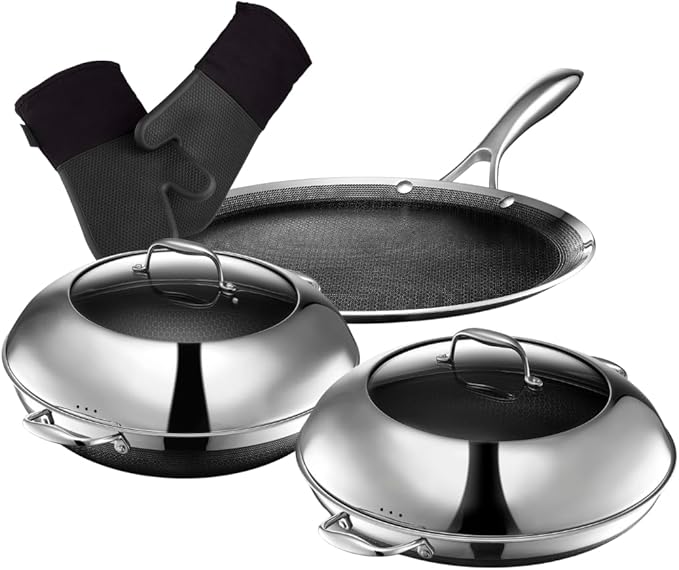 HexClad Hybrid Nonstick 7-Piece Cookware Set 14 Pan with Lid 14 Wok with Lid 12 Griddle and 2-Piece Oven Mitt Set Stay-Cool Handles Dishwasher and Oven-Safe Induction Ready