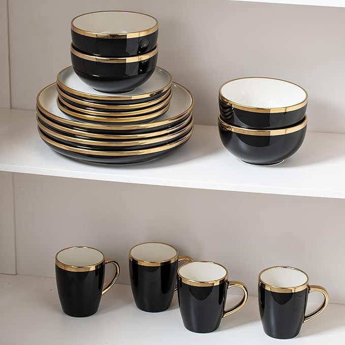 Black and Gold Ceramic Dinnerware Sets for 4 16-Piece Luxury Plates and Bowls Sets with Gold Rim Modern Dish Set for Wedding Christmas Anniversary Crack Resistant | Dishwasher Safe (Black)