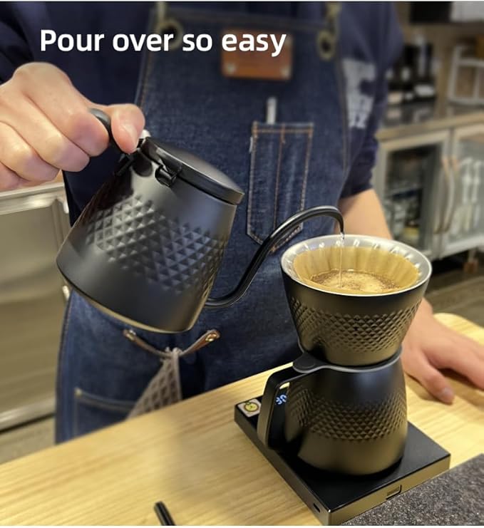 CAFECITO Pour Over Coffee Maker Dripper &amp Server Set | 12oz Double Wall Stainless Steel | Diamond Pattern V60 Brewer Cone Set | 1-2 Cups | Anti-Over Extraction Design