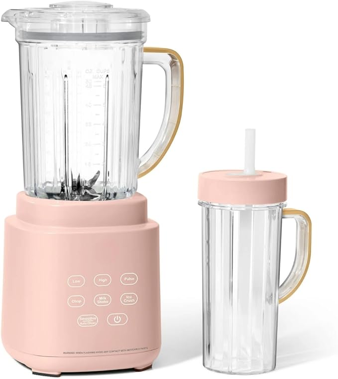 PowerExact Blender PrecisionSense Tech 3 Speeds 4 Presets 50oz BPA-Free Jar 20oz To-Go Cup No Drippy Sippy Lid Auto-Clean Dishwasher Safe Ice Crush &amp Smoothies (Rose)
