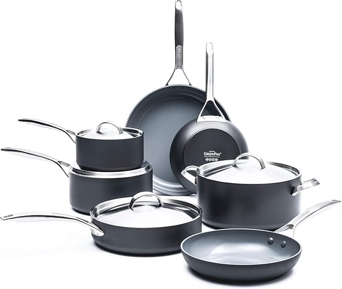 GreenPan Paris Pro Hard Anodized Healthy Ceramic Nonstick 11 Piece Cookware Pots and Pans Set with Stainless Steel Lids PFAS-Free Dishwasher Safe Grey