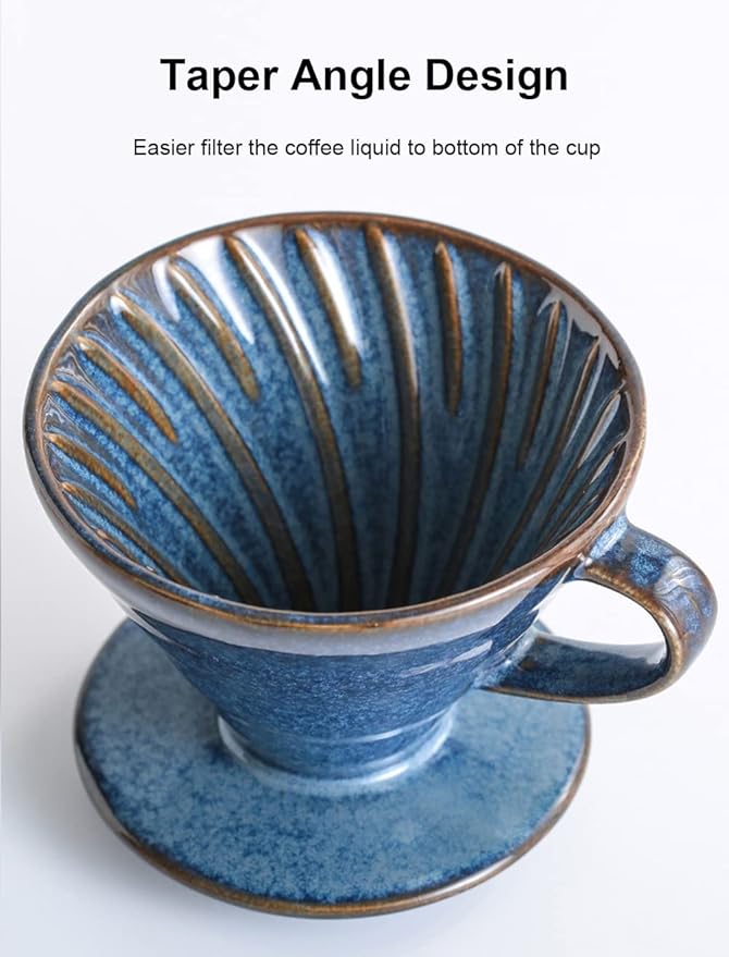 Ceramic Coffee Dripper Filter 60 Angle Tapered 02-4Cup Pour Over Coffee Ceramic Hand Brew Outdoor Cup Retro Filter Set Reusable Portable Coffee Maker (2/4 People Large - Sky Blue)