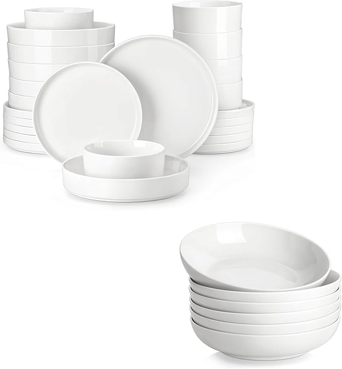 MALACASA 24 Pieces Porcelain Dinnerware Set Bundles 8.85 Large Pasta Bowls Set of 6
