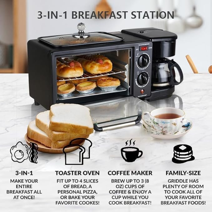 Breakfast Station 3-in-1 with Coffee Maker Non-Stick Griddle &amp 4-Slice Toaster Oven - Versatile Kitchen Appliance for Apartments and Kitchenettes