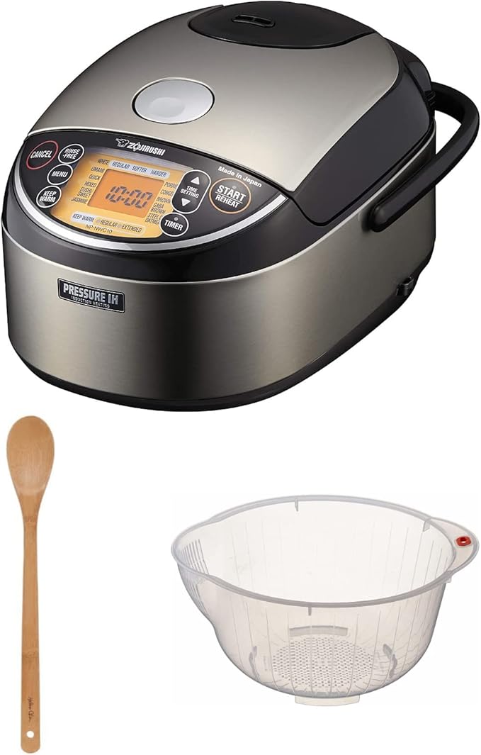 Zojirushi NP-NWC10XB 5.5-Cup Pressure Induction Heating Rice Cooker and Warmer (Stainless Black) Bundle with Kitchen Bamboo Spoon (15-Inch) and 9.5-inch Rice Washing Bowl with Drainers (3 Items)