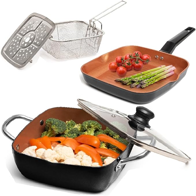 Moss &amp Stone 5 Pcs Copper Chef Cookware Set 9.5” Non Stick Deep Frying Pan Fry Basket Steamer Rack Dishwasher &amp Oven Safe Induction Copper Cookware Set Bundle With Square Grill Pan For In