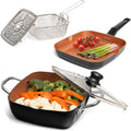 Moss &amp Stone 5 Pcs Copper Chef Cookware Set 9.5” Non Stick Deep Frying Pan Fry Basket Steamer Rack Dishwasher &amp Oven Safe Induction Copper Cookware Set Bundle With Square Grill Pan For In