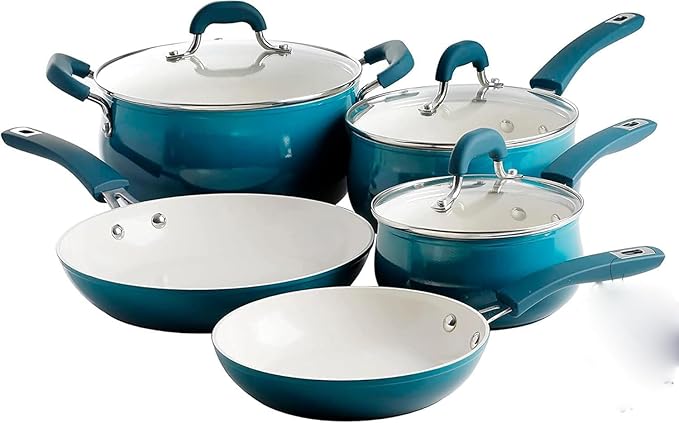 Corbett Piece Nonstick Aluminum Cookware Set – Ceramic Interior Soft Grip Handles Belly Shaped Pots and Pans for Even Heating (Teal 8 Pieces)