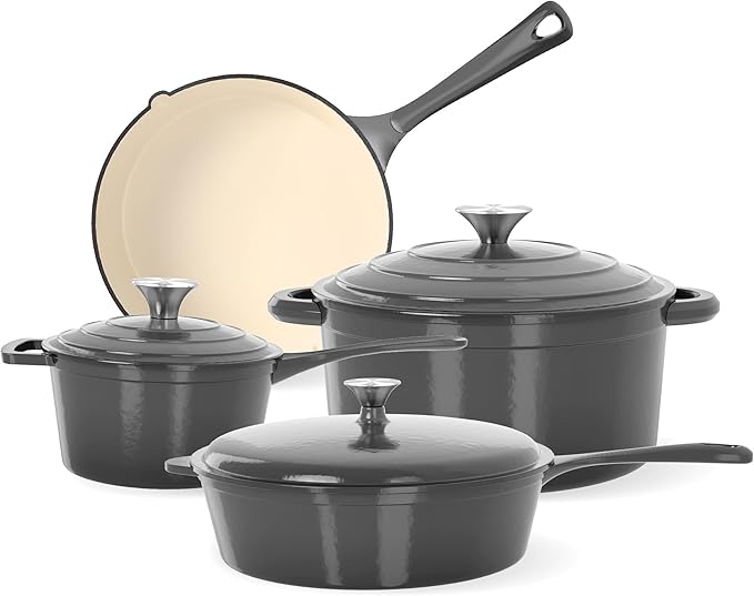 Kitchen Academy 7Pcs Enameled Cast Iron Cookware Sets - Non Toxic Pots and Pans Set Grey Induction Nonstick Cookware Set PFOA&ampPFAS Free