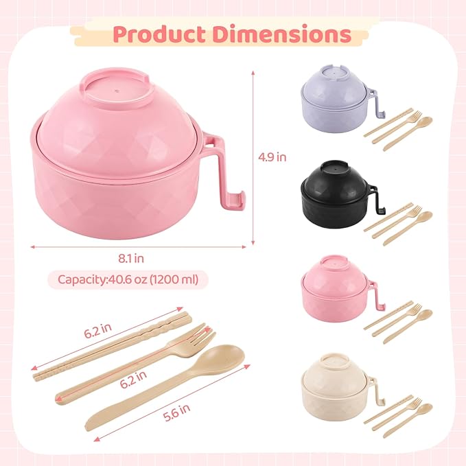 4-Piece Microwave Noodle Cooker Set with Lid Handle and 1200 Ml Bowl 4 Color Options Chopsticks Fork Spoon for Home and Travel