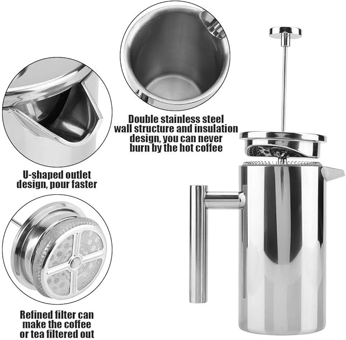 French Press800ML Double Walled Stainless Steel Coffee Maker French Press Tea Pot with Filterfor homeoffice and coffee house use