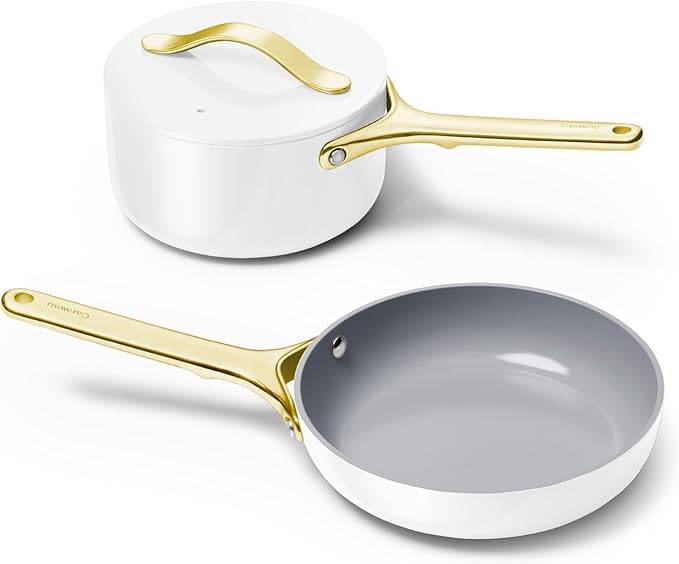 Caraway Mini Cookware Set - Non-Stick Ceramic Fry Pan (1.05 qt 8) Sauce Pan (1.75 qt) &amp Storage Rack - Non Toxic PTFE &amp PFOA Free - Oven Safe &amp Stovetop Agnostic (Gas Electric &amp In