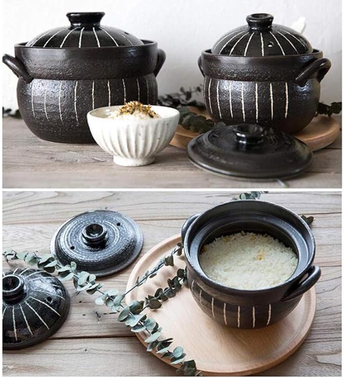 Clay Rice CookerJapanese Stone Rice Pot with Double LidEarthenware Rice PotStockpotHeat Resistant Ceramic CasseroleRound Stove Stew Pot Black 21x17.5cm (Black 21x17.5cm(8x7inch))