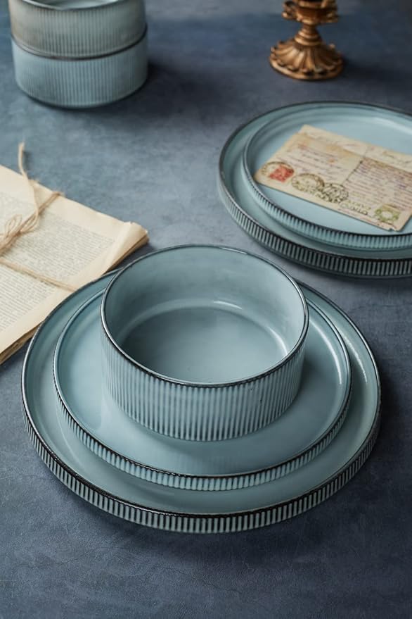 Famiware Dinnerware Set for 4 (12 Piece) and 7.5 Paste Bowl Set (4 Piece) and 4oz Dipping Bowl Set (6 Piece) - Star Stoneware Dishes - Smoky Blue