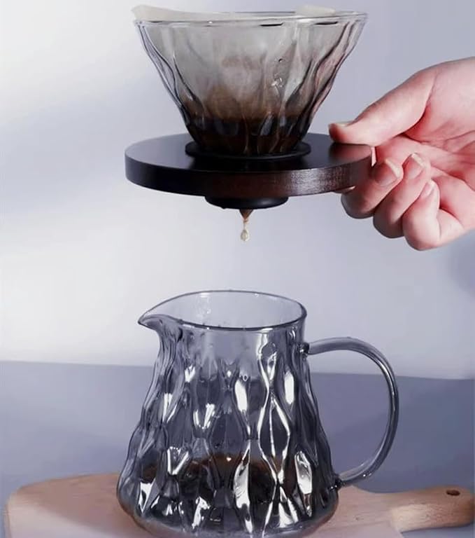Pour Over Coffee Maker Set 500ML Glass Carafe Coffee Server with Dripper Set V60 Glass Coffee Filter with Wood Base for Home Office Gift 1-4 Cups