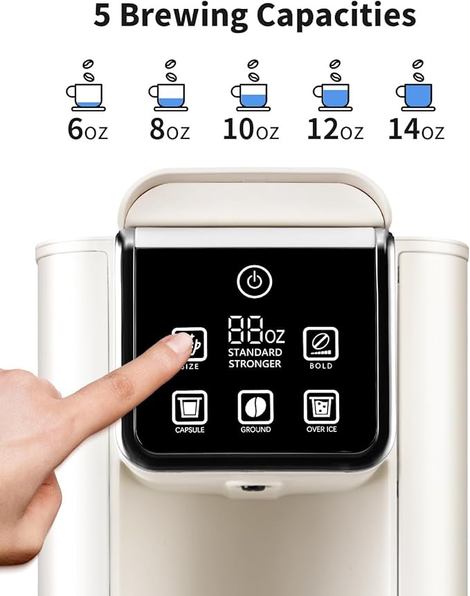Hot &amp Iced Coffee Maker with Bold Setting Single Serve Coffee Maker for K Cup and Grounds 6-14 Oz Brew Sizes 50 Oz Removable Water Tank One Cup Coffee Machine with Reusable Filter White