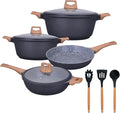 KOCHSTELLE 7-Piece Granite Cookware Set with Lids | Non-Stick Aluminum Pots and Pans Set with Wood Handles | Ceramic Pan Set + 3-Piece Silicone Utensils | Durable Cooking Set