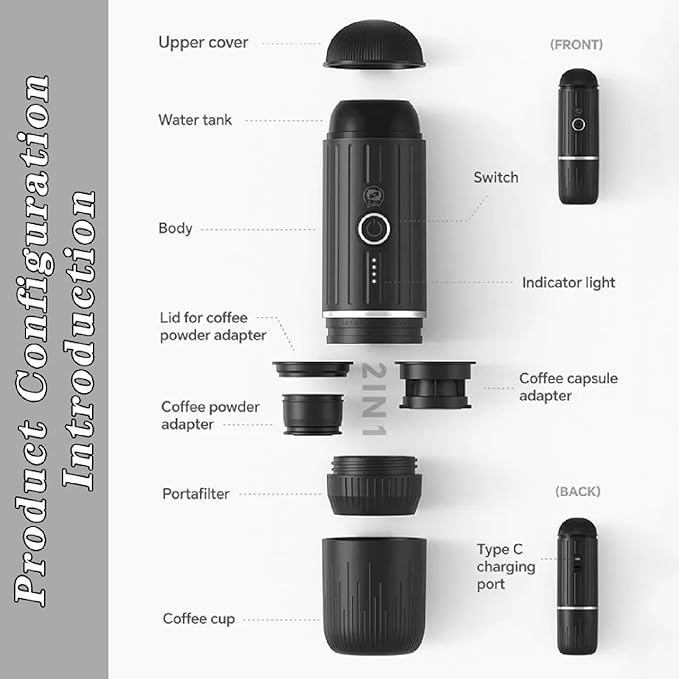 APLUSH Portable Coffee Maker for TravelSelf-Heating Electric Espresso MakerMini Coffee Maker for Camping Hiking OfficeCoffee Machine Compatible with Capsule &amp GroundBlack
