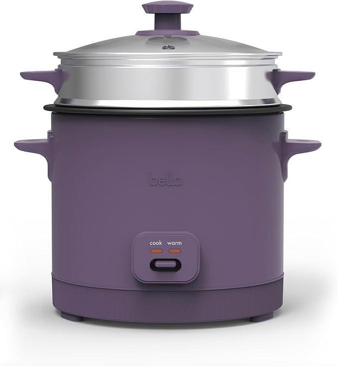 bella 16 Cup Rice Cooker with Steamer Dishwasher Safe Steaming Basket Rice Paddle and Measuring Cup Removable Nonstick Cooking Bowl Automatic Keep Warm Function 400 Watt Plum