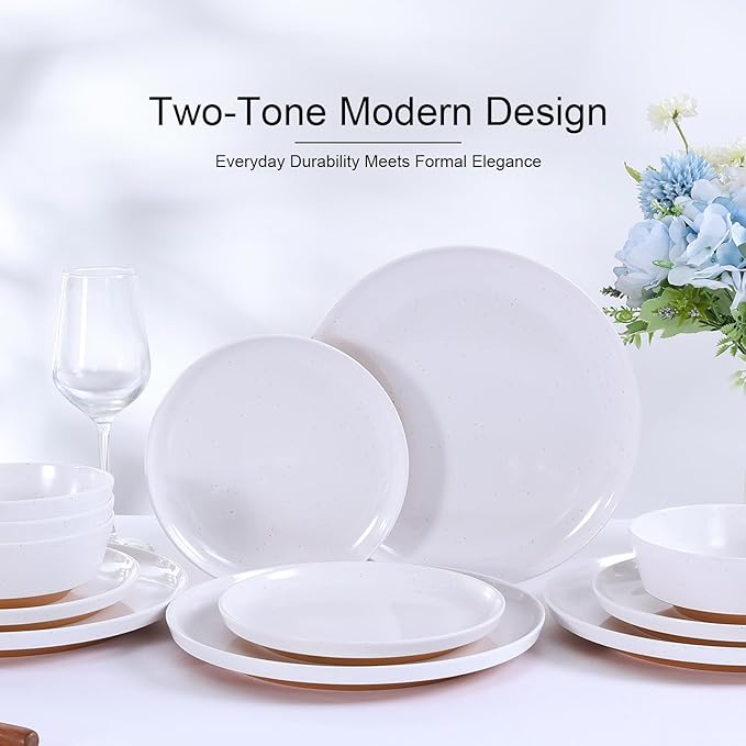 Webbylee 12-Piece Melamine Dinnerware Set for 4 – Unbreakable Plates &amp Bowls BPA-Free Lightweight Two-Tone White &amp Brown Ideal for Family Meals Camping Picnic Parties