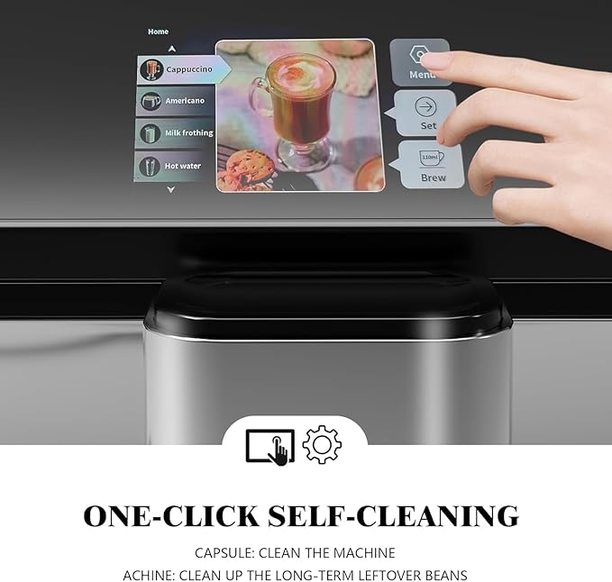 Fully Automatic Espresso Coffee Machine With Touch Screen20 Bar Espresso Machine With Automatic Milk Frothing and Adjustable Espresso Bean Grinder 1.5L Serve Coffee Maker for Home