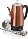 Euro Cuisine PER12 Stainless Steel Electric Coffee Percolator 12 Cup Polished Copper Finish Dripless Gooseneck Spout Clear Glass Knob Brewing Indication Keep-Warm Function Detachable Cord