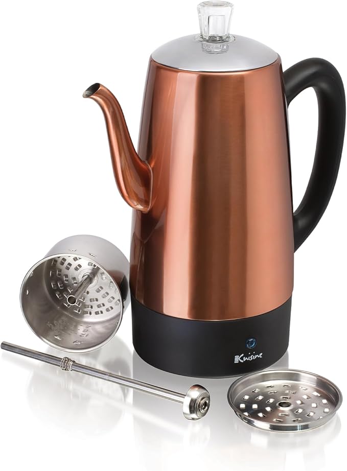 Euro Cuisine PER12 Stainless Steel Electric Coffee Percolator 12 Cup Polished Copper Finish Dripless Gooseneck Spout Clear Glass Knob Brewing Indication Keep-Warm Function Detachable Cord