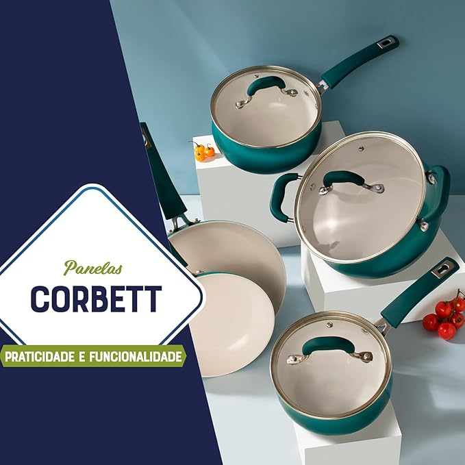 Corbett Piece Nonstick Aluminum Cookware Set – Ceramic Interior Soft Grip Handles Belly Shaped Pots and Pans for Even Heating (Teal 8 Pieces)