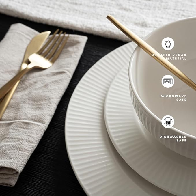 New Bone China 12 Piece Dinnerware Set Santorini Collection (Sun) White Daily Use China Embossed Tableware Service for 4