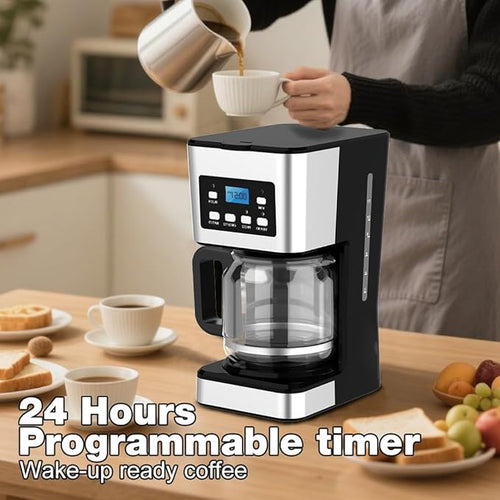 12-Cup Programmable Coffee Maker Regular &amp Strong Brew Drip Coffee Machine for Home and Office Glass Carafe Pause &amp Serve Auto Shut Off Gray &amp Stainless Steel (Black)