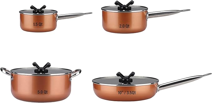 Stackable Stainless Steel Nonstick Cookware Set Pots W/ Lids (8 Piece) Brown 10-4408