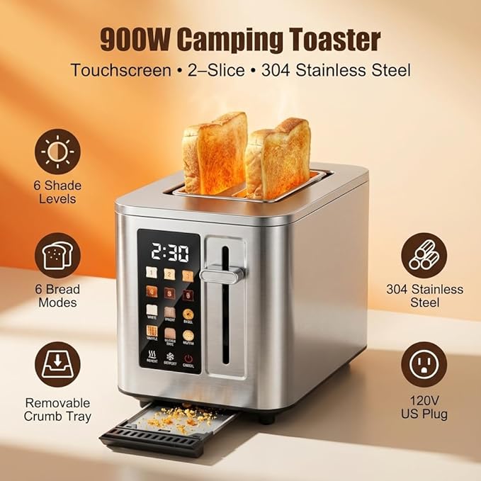 Touch Screen Toaster 2 Slice Digital Stainless Steel Bread Toaster with Timer 1.5'' Wide Slot 6 Shade Settings &amp 6 Bread Types Bagel Defrost Reheat Cancel Functions