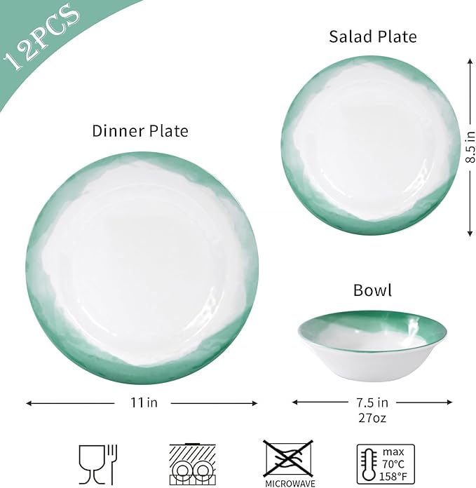 Melamine Dinnerware Sets 12pcs Plates and Bowls Set service for 4 Dishwasher Safe Indoor and Outdoor Use Green Melamine dishes