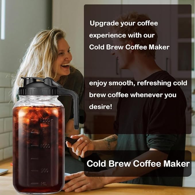 2 Set 64 oz (2 Quart) Black Cold Brew Coffee Maker Iced Tea Machines Thick Glass with Pour Spout Handle Lid Stainless Steel Filter for Iced Coffee Fruit Drinks or Sun Tea (2)
