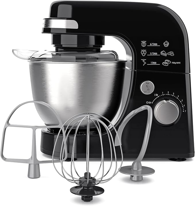 Hamilton Beach Electric Stand Mixer 4 Quarts Dough Hook Flat Beater Attachments Splash Guard 7 Speeds &amp Wave Crusher Blender with 40 Oz Glass Jar and 14 Functions for Puree Stainless Steel