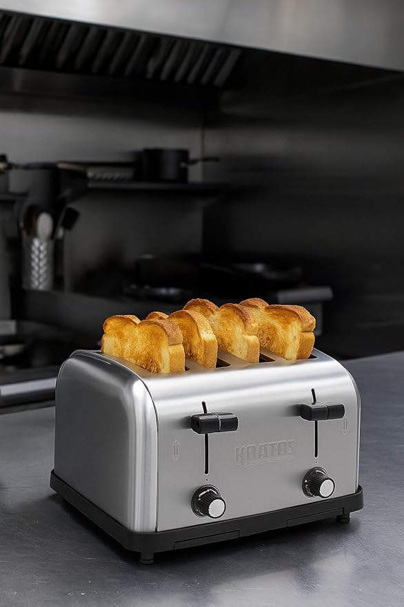 Kratos Commercial Four Slice Pop-Up Toaster 1.5 Wide Slots for Bagels and Special Breads Stainless Steel Countertop Toaster with Two Crumb Trays 120V 1800 Watts ETL Certified (29M-011)