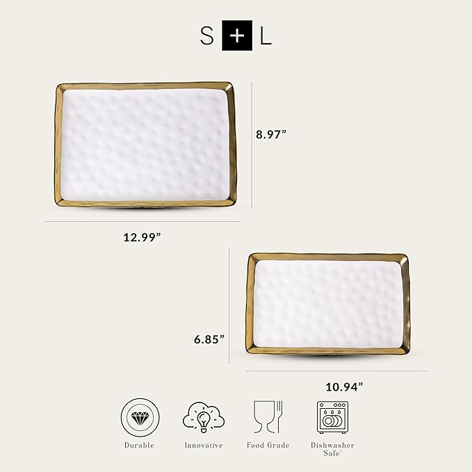 Stone Lain Florian Porcelain Large and Medium Rectangle Service Platters White with Gold Rim