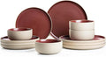 12 Pieces Dinnerware SetsPlates and Bowls SetsHandmade Reactive Glaze Dishes Set for 4 with at Least 10% Recycled Ceramic and the Raw Texture of the Clay (Angora Red)