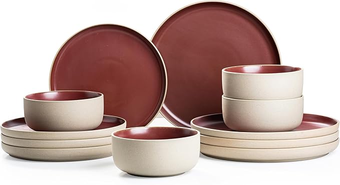 12 Pieces Dinnerware SetsPlates and Bowls SetsHandmade Reactive Glaze Dishes Set for 4 with at Least 10% Recycled Ceramic and the Raw Texture of the Clay (Angora Red)