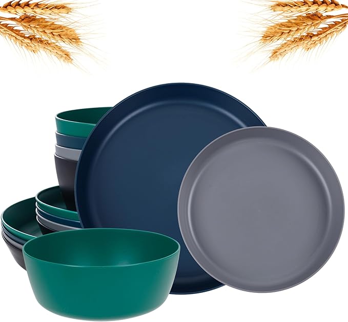 EI 12pcs Wheat Straw PlatesPlastic Plates ReusableUnbreakable Plastic PlateWheat Straw Dinnerware SetMelamine Plate-BlackDark GreyDark GreenDark BlueDinner CampingPicnic