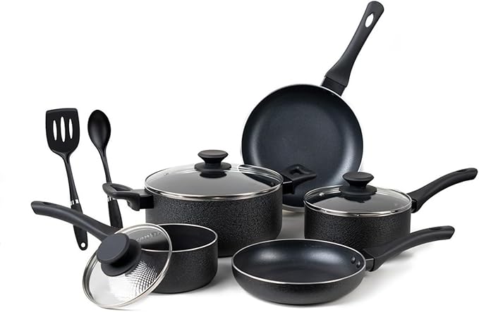 Oster Ashford 10 Piece Aluminum Nonstick Cookware Set in Black - MEGA-73076.10