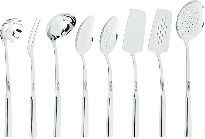 Viking Kitchen Utensils Set 8 Piece Stainless Steel Cooking Utensil Set Includes Spatulas Spoons Pasta Fork Deep Ladle Meat Fork and Skimmer Silver
