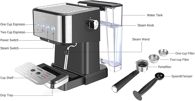 AUNMAS Compact Coffee Machine Semi Automatic Espresso Maker with 20 Bar Pressure System for Flavor Extraction 1.5L Water Tank for Continuous Brewing Milk Frother Wand (US Plug 110V)