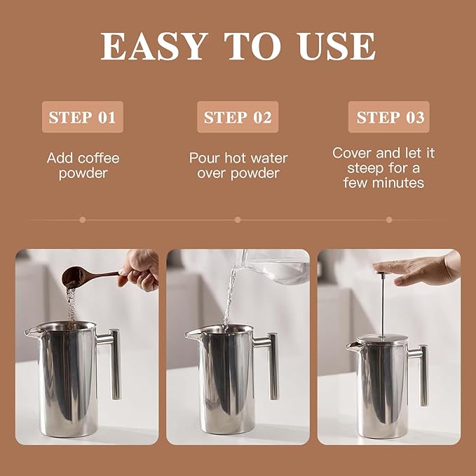 French Press Coffee Maker 34oz/1L Double Wall Stainless Steel Coffee Press with 3 Filters &amp Cleaning Brush Insulated Tea Maker for Home Camping &amp Travel (34 fl oz)
