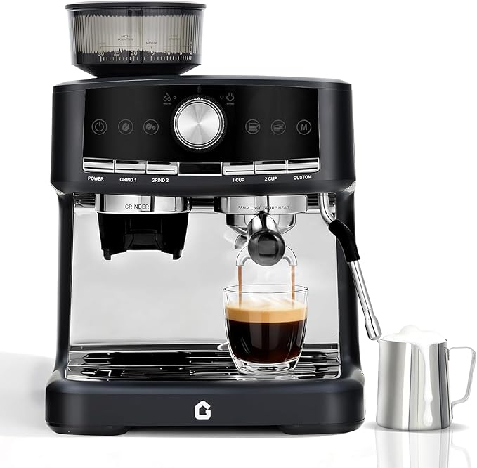20 Bar Stainless Steel Espresso Machine with Integrated Grinder Adjustable Shot Volume 1.5l Removable Water Tank Steam Milk Frother Wand for Home and Office Use Black