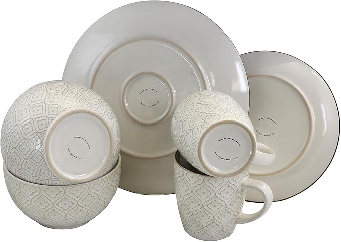16 Piece Stoneware Dinnerware Set – Off-White Ogee Pattern Microwave &amp Dishwasher Safe Plates Bowls and Mugs