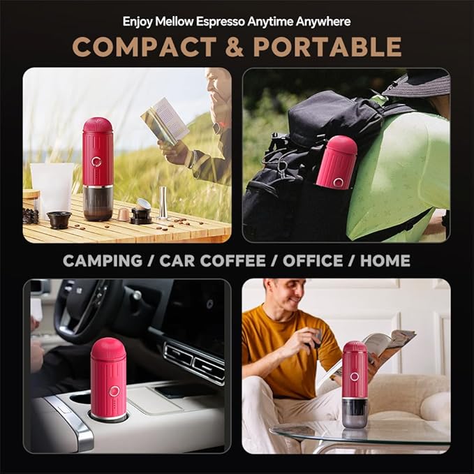 BENFUCHEN Portable Electric Espresso Machine Travel Coffee Maker for Camping On the Go Car Coffee Maker Self-Heating with USB-C With Ground Coffee &amp N Espresso Capsule for RV/Hiking/Office Red