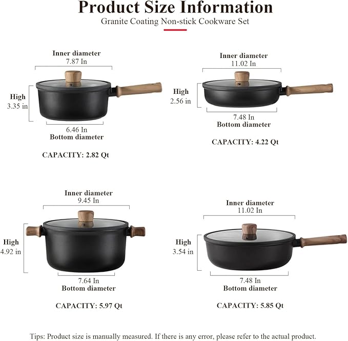 13 pcs Pots and Pans Set Nonstick Cookware Sets black Titanium nonstick coating Induction Cookware Non Stick Cooking Set Frying Pans &amp Saucepans PFOS PFOA Free (13 PCS)