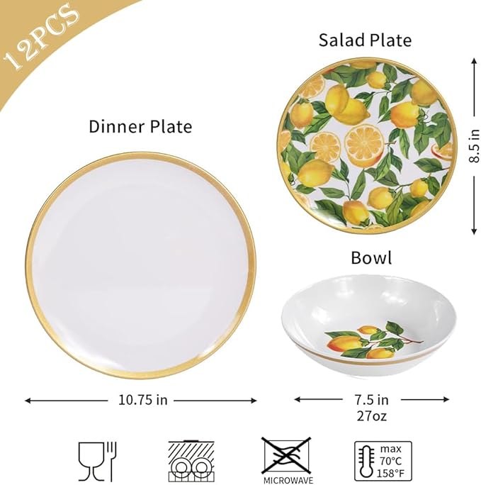 Melamine Dinnerware Sets- 12pcs Melamine Plates and Bowls Set for 4Indoor and Outdoor Dinnerware Lemon dinnerware set